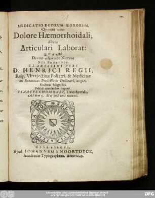 Medicatio Duorum Ægrorum, Quorum unus Dolore Hæmorrhoidali; Altera Articulari Laborat