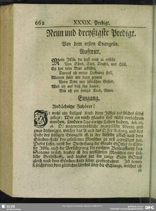 Neun und dreyßigste Predigt. Von dem ersten Evangelio