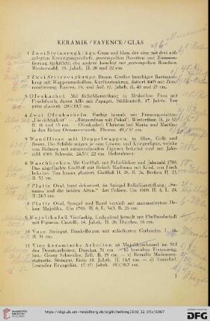 Keramik, Fayence, Glas (Nr. 1-43)