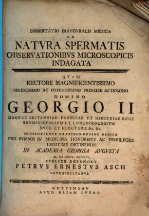 Dissertatio Inavgvralis Medica De Natvra Spermatis Obeservationibvs Microscopicis Indagata