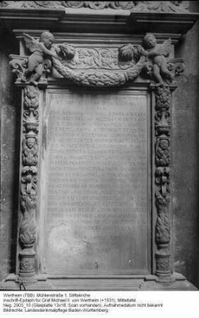 Stiftskirche; Inschrift-Epitaph für Graf Michael II. von Wertheim (+1531), Mitteltafel