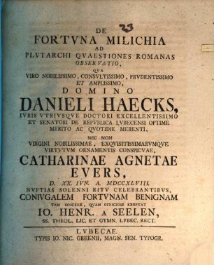De fortuna Milichia, ad Plutarchi Quaestiones Roman. observatio