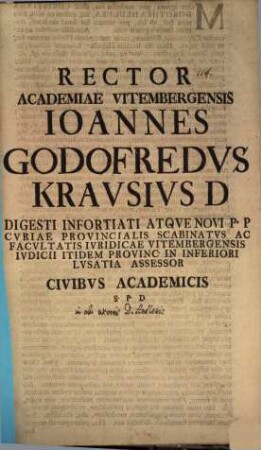 Rector academiae Vitembergensis Jo. Gottfr. Kraus Civibus academicis S. P. D. : [Programma in obitum Chr. Dorotheae Hedleriae]