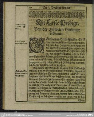 Die Erste Predigt. Von der Historien Susannae in Gemein