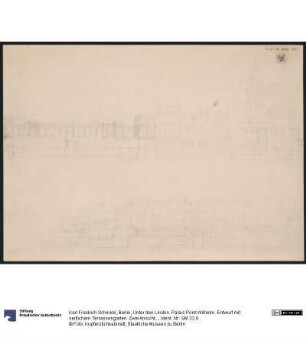 Berlin, Unter den Linden. Palais Prinz Wilhelm. Entwurf mit seitlichem Terrassengarten. Zwei Ansichtsskizzen