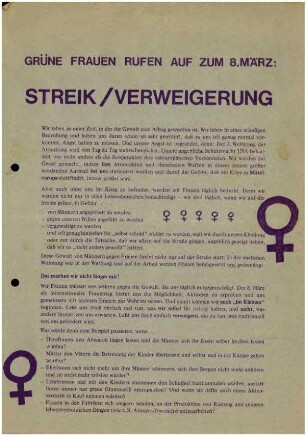 Flugschrift: Grüne Frauen rufen auf zum 8. März: Streik/Verweigerung