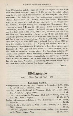 Bibliographie vom 1. März bis 31. Mai 1892.