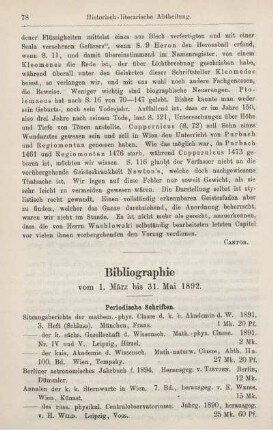 Bibliographie vom 1. März bis 31. Mai 1892.