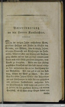 Vorerinnerung an die Herren Kunstrichter