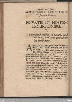 Dissertatio Octava. De Privatis In Hostem Excursionibus