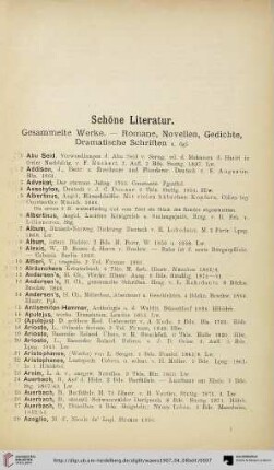 Schöne Literatur: Gesammelte Werke. - Romane, Novellen, Gedichte, Dramatische Schriften u. dgl. (Nr. 1-650)