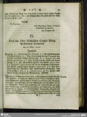 IX. Receß des Ober-Sächsischen Crayses Münz-Probations-Convents dd. 26. Mart. 1607