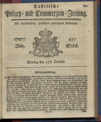 43tes Stueck, Montag den 23ten October 1797