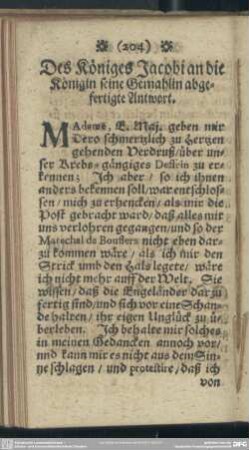 Des Königes Jacobi an die Königin seine Gemahlin abgefertigte Antwort