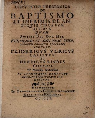 Disp. ... de baptismo, et inprimis de antiquis circa eum ritibus