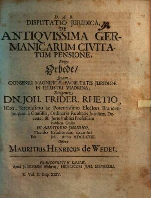 Disputatio Iuridica, De Antiquissima Germanicarum Civitatum Pensione, Vulgo Orbede