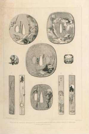 Manches de couteau appliques et gardes de Sabre en metaux graves, ciselés et incrustes ...