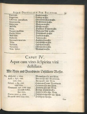 Caput IV. Aquae cum vino & Spiritu vini destillatae. Mit Wein und Brandwein Destillierte Wasser.
