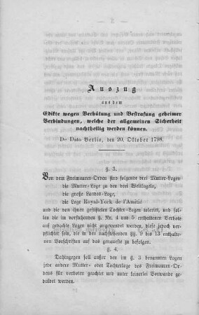 Auszug aus dem Edikte wegen Verhütung und Bestrafung geheimer Verbindungen, welche der allgemeinen Sicherheit nachtheilig werden können. De Dato Berlin, den 20. Oktober 1798