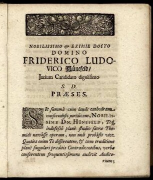 Nobilissimo & Eximie Docto Domino Friderico Ludovico Hünefeld.