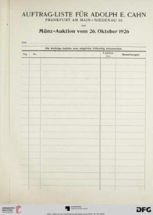 Auftrag-Liste für Adolph E. Cahn