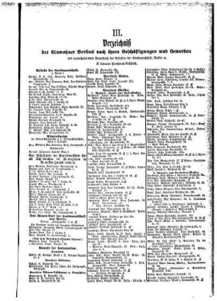 III. Verzeichniß der Einwohner Berlins nach ihren Beschäftigungen und Gewerben