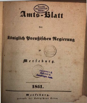 Amtsblatt der Regierung zu Merseburg. 1851