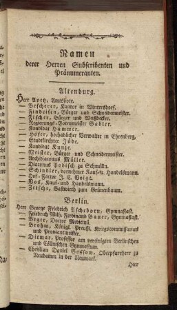 Namen derer Herren Subscribenten und Pränumeranten.