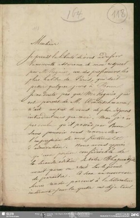 Eigenh. Brief von Eugène Burnouf an August Wilhelm von Schlegel, Paris, 10.08.1836