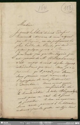 Eigenh. Brief von Eugène Burnouf an August Wilhelm von Schlegel, Paris, 10.08.1836