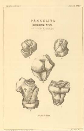 Plate XXXIV. Pankuliya. Building No. 21. Stucco figures.