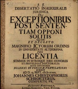 Dissertatio inauguralis iuridica de exceptionibus post sententiam opponi solitis