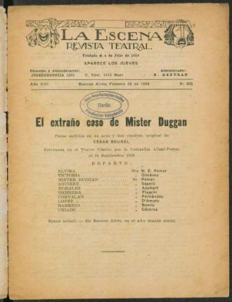El extraño caso de mister Duggan : farsa satírica en un acto y dos cuadros