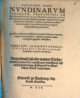 Catalogus novus nundinarum vernalium, Francofurti ad Moenam, Anno M.DCX. celebratarum ...