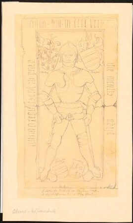 Grabstein des Friedrich von Schönberg (+1472) in der Liebfrauenkirche, Oberwesel: Aufriss des Grabsteins mit Abbildung Ritter in Rüstung, vier Wappen und lateinischer Inschrift