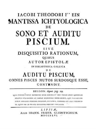 Iacobi Theodori Klein Mantissa Ichthyologica De Sono Et Auditu Piscium