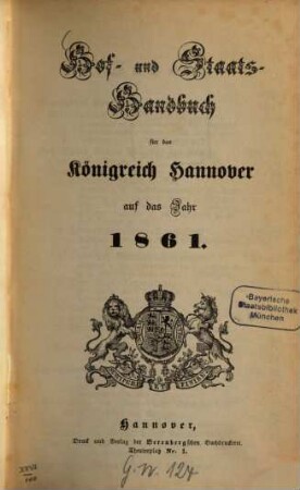 Hof- und Staatshandbuch für das Königreich Hannover. 1861