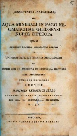 Diss. inaug. de aqua minerali in pago Neomarchiae Gleissensi nuper detecta