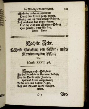 Sechste Rede. Christi Verlassung von Gott/ unsere Annehmung bey Gott.