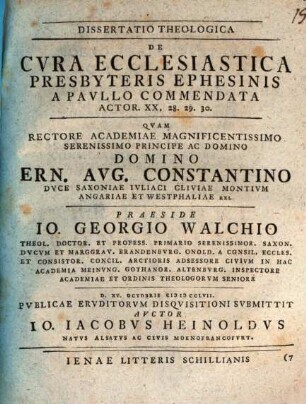 Dissertatio Theologica De Cvra Ecclesiastica Presbyteris Ephesinis A Pavllo Commendata : Actor. XX, 28. 29. 30.