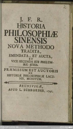 J. F. R. Historia Philosophiae Sinensis