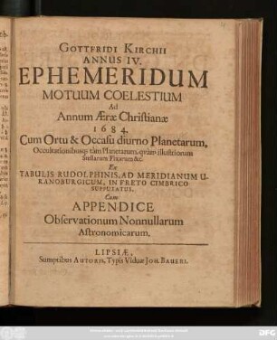 4: Cum Appendice Observationum Nonnullarum Astronomicarum