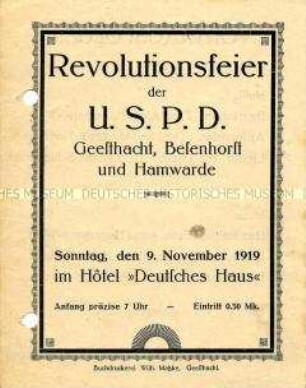 Programmzettel zu einer Feier der USPD anlässlich des Jahrestages der Novemberrevolutionm