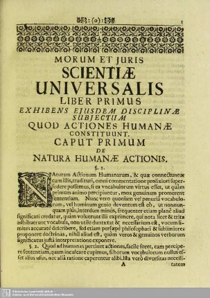 Liber Primus Exhibens Eiusdem Disciplinae Subiectum Quod Actiones Humanae Constituunt