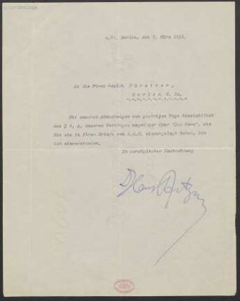 Brief an Adolph Fürstner <Berlin> : 07.03.1931