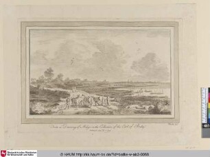 [Landschaft mit Figuren und Viehstaffage; Landscape with cattle on the road]