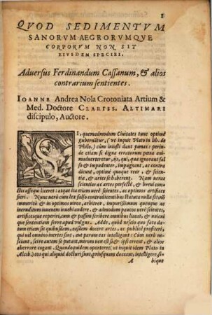 Quod Sedimentum Sanorum aegrorumque corporum non sit eiusdem Speciei