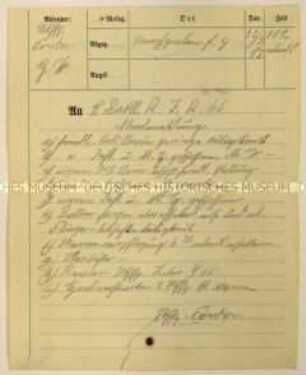 Handschriftlich ausgefüllter Vordruck zur Meldung über den aktuellen Verlauf des Kriegsgeschehens; Abendmeldung an das II. Battalion Reserve-Infanterie-Regiment 66, Uhrzeit 23:00 Uhr
