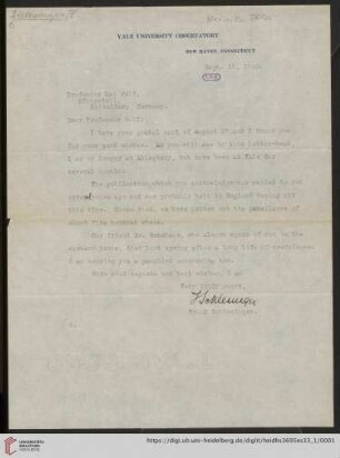 Briefe von Frank Schlesinger an Max Wolf: Brief von Frank Schlesinger an Max Wolf