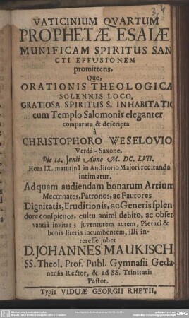 Vaticinium Quartum Prophetae Esaiae Munificam Spiritus Sancti Effusionem promittens